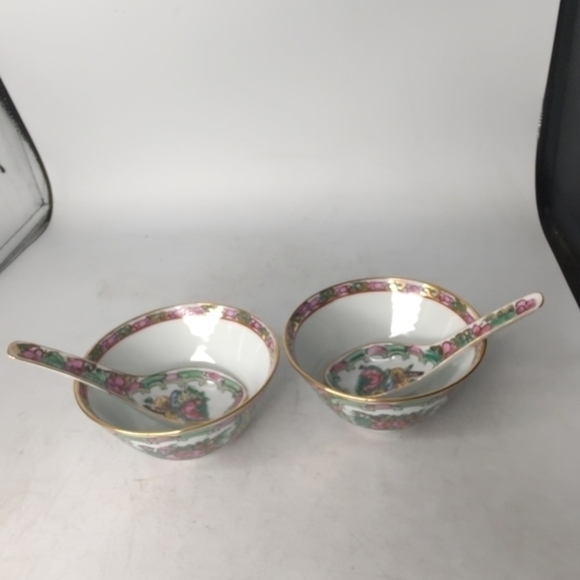2 vintage rose Canton soup/rice bowls with spoons - Picture 6 of 8